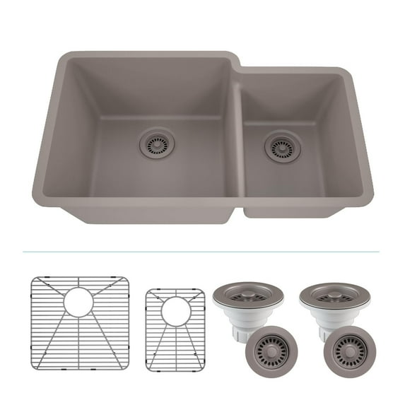 32" x 19" Quartz Kitchen Sink, 40/60 Double Bowl Kitchen Sinks, Drop-in Sink,Undermount Sink, Galaxy Concrete Kitchen Sink, Double Sink Kitchen, Grids, Strainer and Flange, Lexicon Platinum LP-4060-C