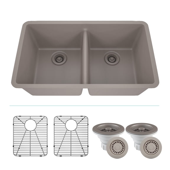32" x 19" Quartz Kitchen Sink, Double Bowl Sink, Drop-in Sink, Undermount Sink, Granite Kitchen Sink, Galaxy Concrete Kitchen Sink, with Grids, Basket Strainer and Flange Lexicon Platinum LP-5050-C