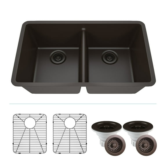 32" x 19" Quartz Kitchen Sink, Double Bowl Sink, Drop-in Sink, Undermount Sink, Granite Kitchen Sink, Galaxy Mocha Kitchen Sink, with Grids, Basket Strainer and Flange Lexicon Platinum LP-5050-M