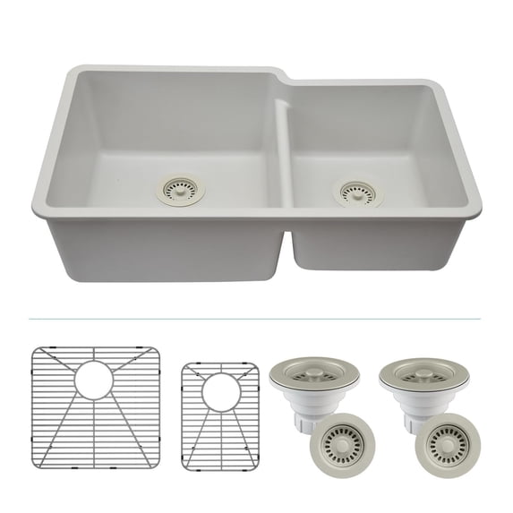 32" x 19" Quartz Kitchen Sink, Double Bowl Sink, Drop-in Sink, Undermount Sink, Granite Kitchen Sink, Galaxy White Kitchen Sink, with Grids, Basket Strainer and Flange Lexicon Platinum LP-6040-W