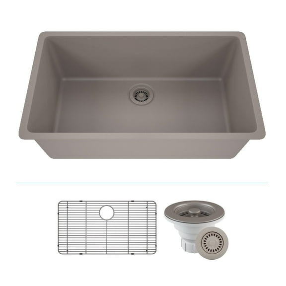 32" x 19" Quartz Kitchen Sink, Single Bowl Sink, Drop-in Sink, Undermount Sink, Granite Kitchen Sink, Galaxy Concrete Sink, with Steel Grids, Basket Strainer and Flange Lexicon Platinum LP-1000