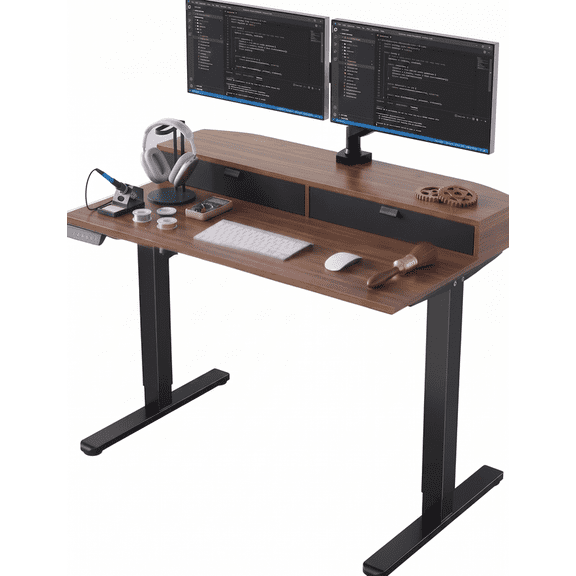 32" x 21" Electric Standing Desk with 2 Drawers, Height Adjustable Sit Stand Desk, C-Clamp Compatible Design, 4 Memory Presets, Walnut