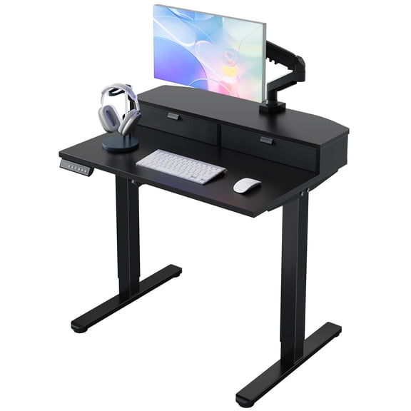 32 x 21 Inch Small Electric Height Adjustable Standing Desk with 2 Drawers, Sit Stand Office Desk with 4 Memory Settings, Light Walnut