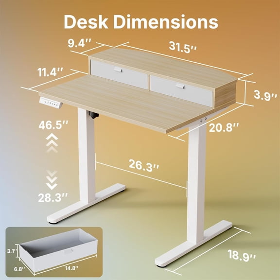 32 x 21 inch Small Electric Standing Desk with 2 Drawers, C-Clamp Mount Compatible, Height Adjustable Sit Stand Desk, Home Office Stand Desk with 4 Memory Height Settings, Light Walnut