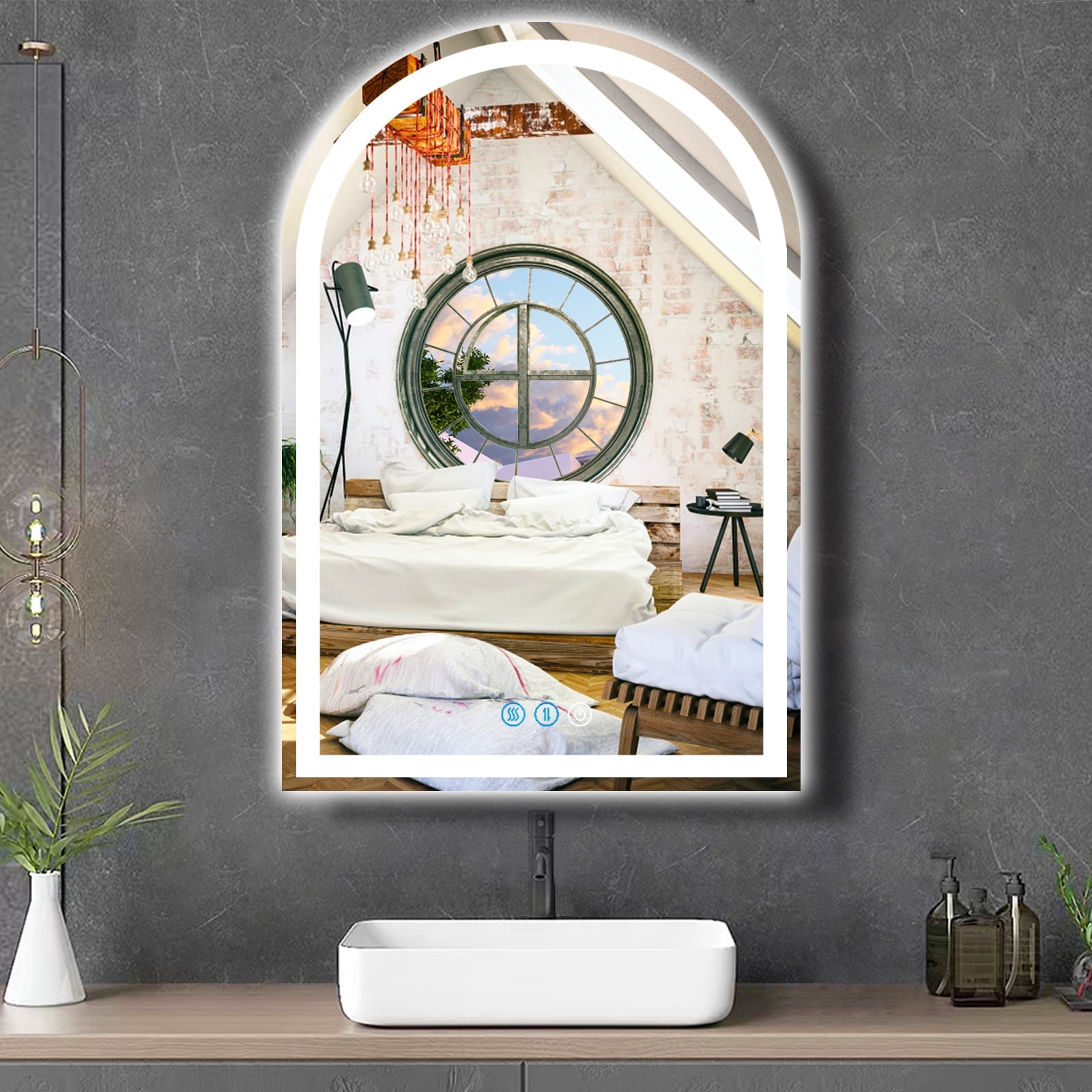 32 x 24 Inch LED Arch Mirror with Lights AntiFog 3 Color Adjustable ...