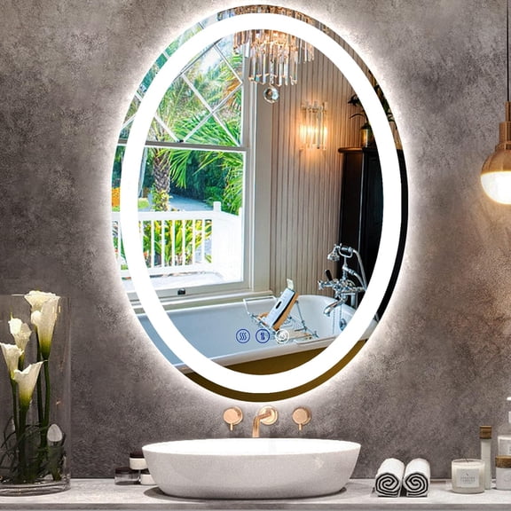 32 x 24 Inch Oval Lighted Vanity Mirror with Lights Anti-Fog Smart Memory 3 Color Adjustable Brightness FrontLit 32" Oval Lighted Mirror for Bathroom Wall LED Ovals Mirrors with Lights