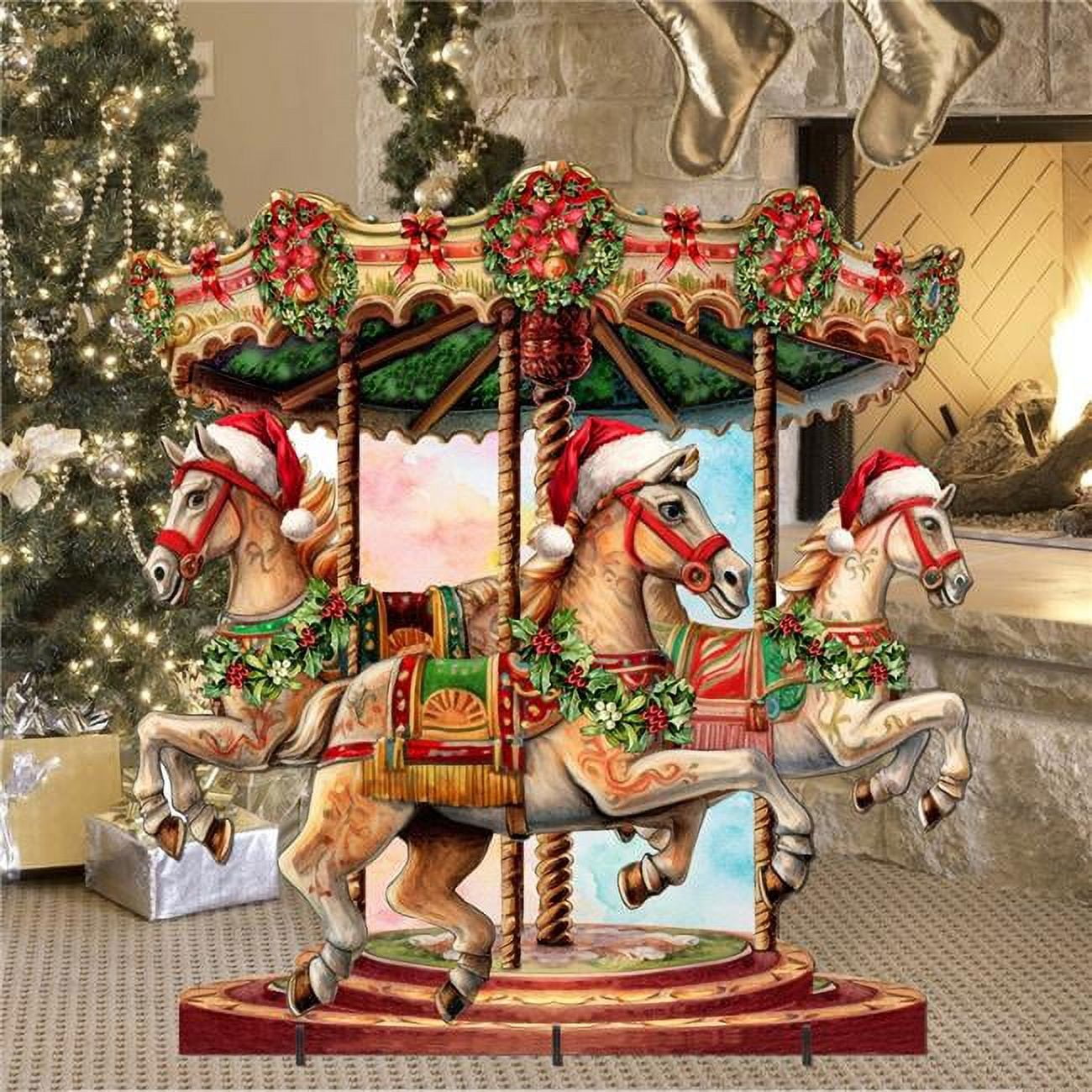 Handcrafted Christmas Carousel Figurine with Santa and Snowman