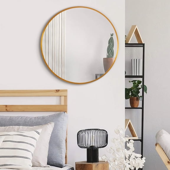 32 x 32 Inch Gold Aluminum Alloy Slim-Edged Round Wall-Mounted Mirror