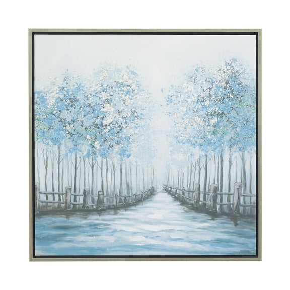 DecMode Blue Canvas Tree Living Room Framed Wall Art with Silver Frame, 32" x 2" x 32"