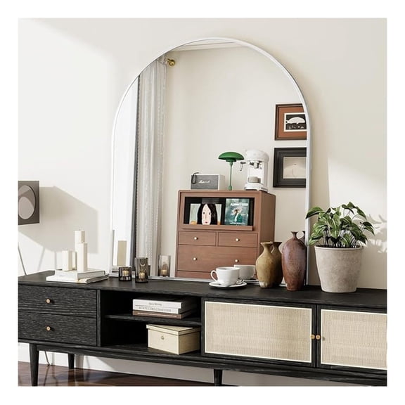 32"x 34" Arched Bathroom Wall Mirror with White Metal Frame, Modern Arch-Top Wall Mirror for Vanity, Entryway or Bedroom, Reflection, Shatterproof Glass