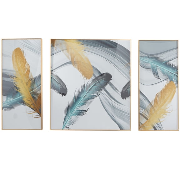 32" x 36" Feathers Bird Framed Wall Art with Gold Aluminum Frame, by CosmoLiving by Cosmopolitan (3 Count)