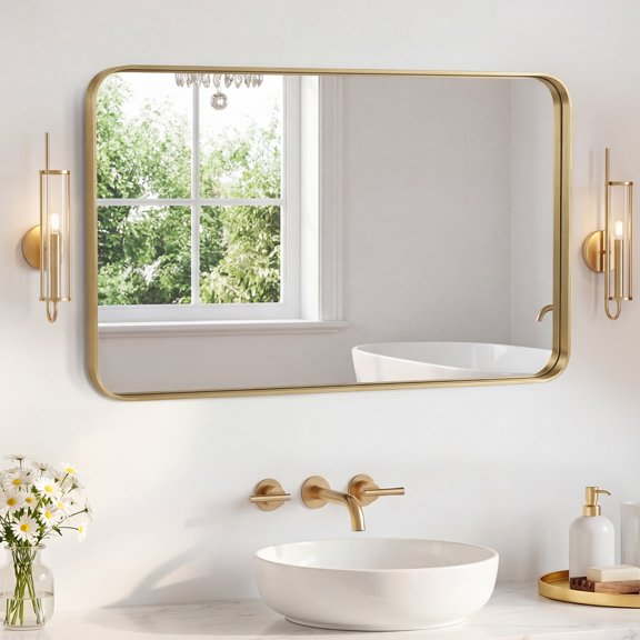 32 x 48 Inch Fog-Resistant Bathroom Mirror with 4-Layer Float Technology, Black Metal Frame Wall Mirror Crystal Clear, Shatter-Proof Tempered Glass for Home Decor
