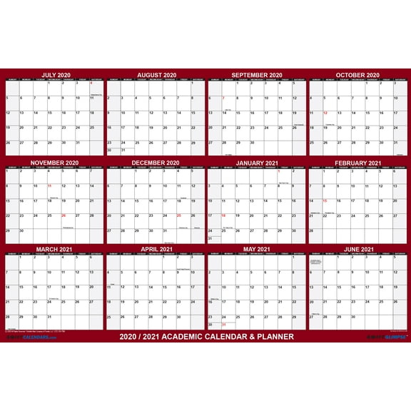 32" x 48" SwiftGlimpse 2020-2021 Academic Wall Calendar Dry Erase Erasable, Jumbo, June - July Yearly Planner Maroon
