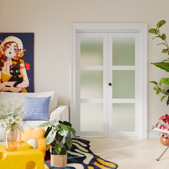 32" x 78" Bifold Doors for Opening, 3-lite Tempered Frosted Glass Closet Folding Doors with Hardware kit Included, Easy Assembly, White