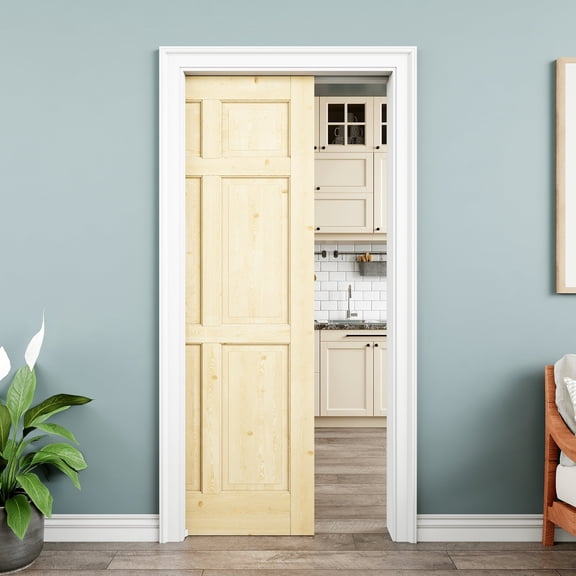 32" x 80" 6-Panel Pine Wood Interior Double Pocket Door, Natural Pine Wood, Paintable & Waterproof, As Laundry Doors, Closet Doors, Room Doors