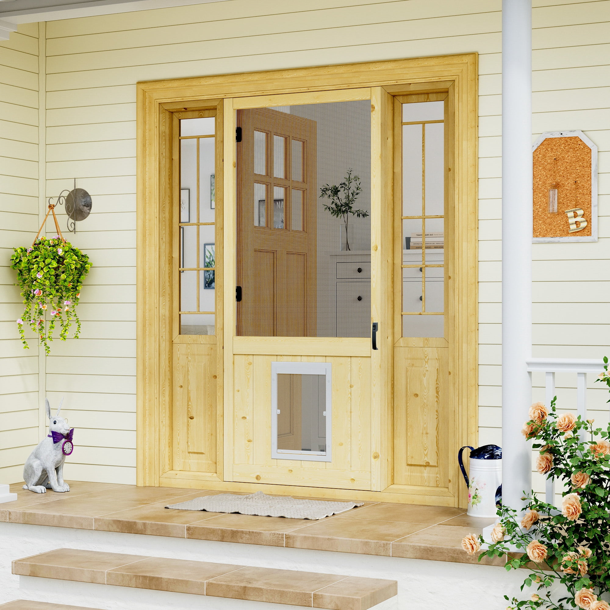 32" x 80" Screen Door Exterior Door Front Door Pine Wood Paintable Anti Insect Animal Kid Friendly