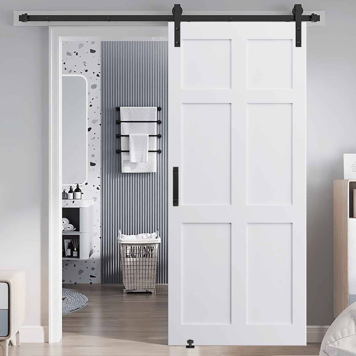 32" x 80" Six Paneled Real Primed Door Slab & 6.6FT Barn Door Sliding Hardware & Adjustable Floor Guider & Pull Handle, DIY Unfinished Paneled Door, Modern Interior Barn Door, Water-proof B5A0558