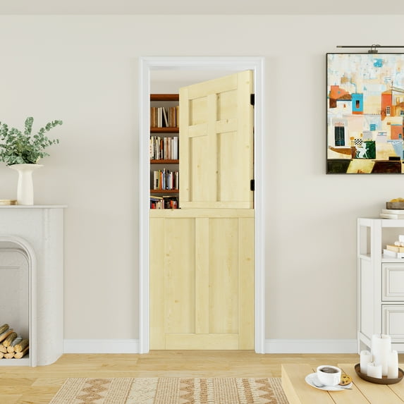 32" x 80" Slab Only, 6-Panels Split Dutch Door Unfinished Solid Pine Wood Clear Glass Slab Doors Half Interior Door