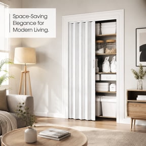 32" x 80" White PVC Accordion Folding Door Space Saving Privacy Room Divider for Closet and Bedroom.