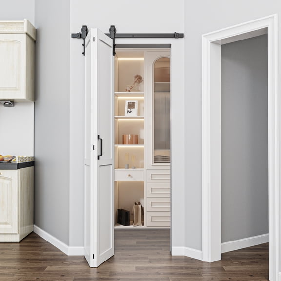 32'' x 84'' Bifold Barn Doors and Hardware Included, White Smooth Paintable Pre-assembled Solid Core Panels & Bi-fold Barn Door Hardware Kit, K Frame-Fit Max Opening 30in x 84in