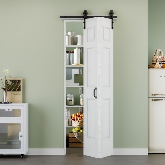 32'' x 84'' Molded Bifold Barn Doors and Hardware Included, White Smooth Paintable Pre-assembled Solid Core Panels & Bi-fold Barn Door Hardware Kit, 6 Panel Design-Fit Max Opening 30in x 84in