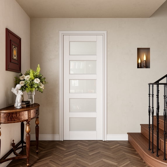 32" x 96" Interior Frosted Glass Door 5-Lite Solid Core Pantry Slab Door Primed Standard Door For French Bathroom Doors