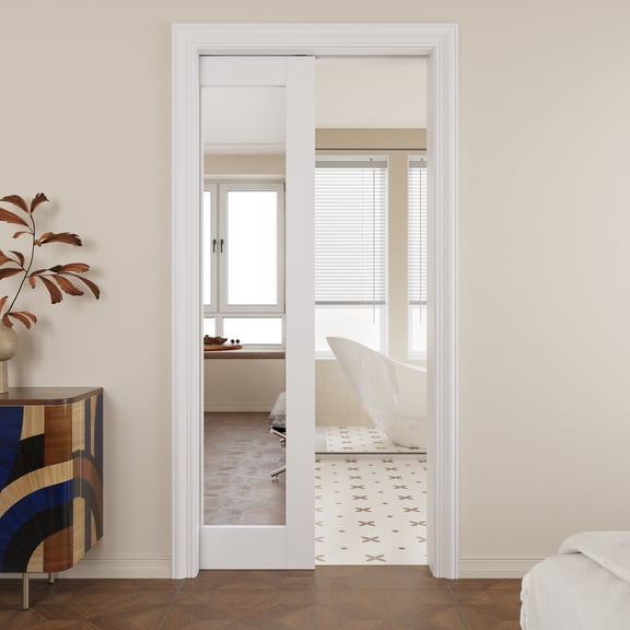 32" x 96" Mirror Pocket Door with Soft Close, Solid Door Panel & Pocket Door Hardware & Frame, Panty Door, Closet Door, Pre-finished & Paintable, One Side Mirror & the Other White Panel