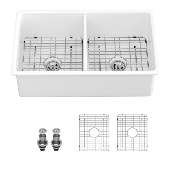 32"x19"x10" Undermount Double Bowl Fireclay Kitchen Sink - Dual Mount White Porcelain Fireclay Rectangular Deep Double Bowl Sink Basin