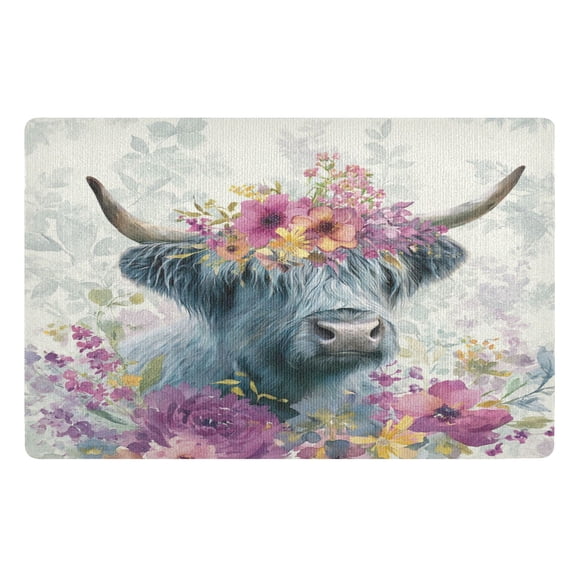 32"x20" Door Mat Mat Absorbent & Non-Slip Entryway Rug Washable Floor Mat Highland Cow with Wildflowers