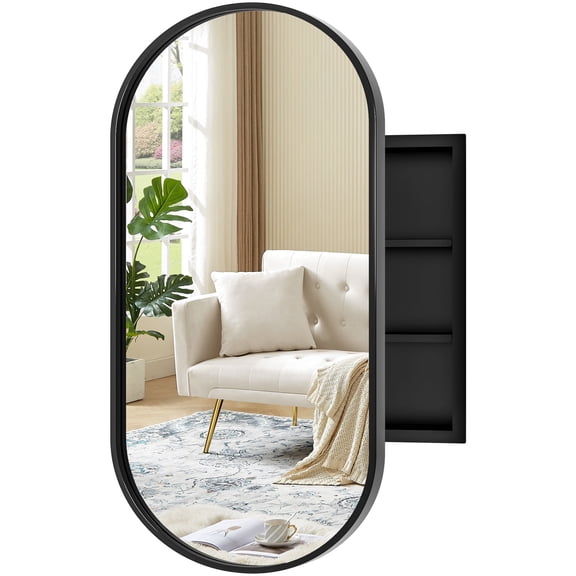32"x20" Oval Medicine Cabinet Mirror for Bathroom,Wall Mounted/Recessed Mirrored Vanity Chest, Brushed Black Mirror Cabinet with 2 Storage,Metal Edge,Black
