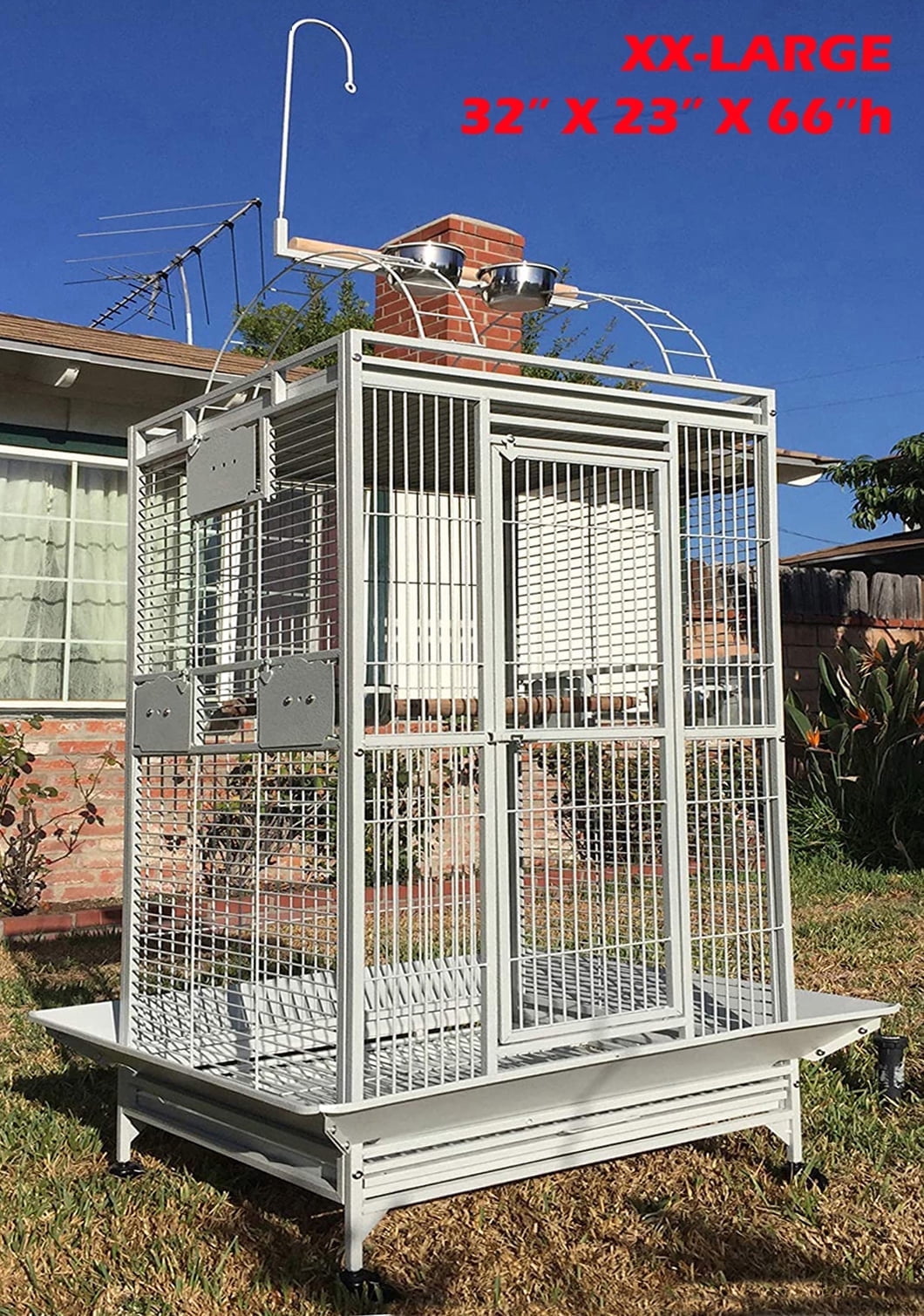 32"x23"x66"H, XX-LARGE Deluxe and Durable Wrought Iron Bird Parrot Open Play Top Perch Ladder Stand Rolling Cage With Seed Guards