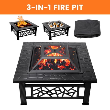 32"x32" Portable Square Fire Pit, Outdoor Metal Fire Pit with Mesh Lid, Poker and Accessories for Backyard, Patio, Courtyard, and Camping