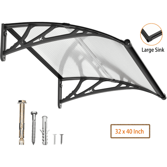 32"x40" Awnings for Doorways Polycarbonate Cover Patio Door Awning Large Drainage Sink