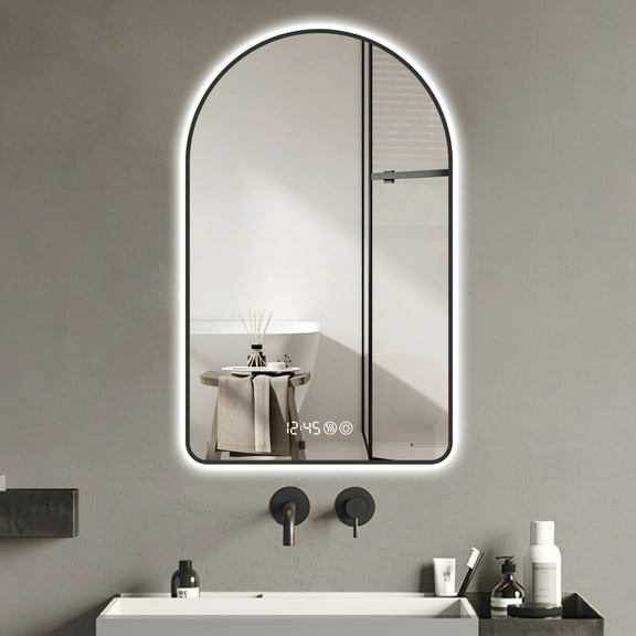 32"x60"Arched LED Mirror for Bathroom,Time and temperature display, Backlight, Anti-Fog, Dimmable, with Three Color Temperatures- Modern Vanity Light Mirror, Perfect for over Sink,Black F