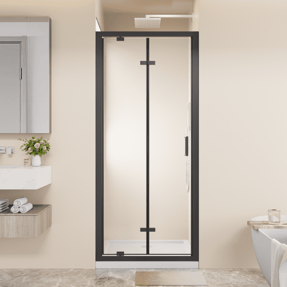 32"x72" Framed Bi-fold Pivot Shower Door, 1/4"(6mm) Glass, Black, Reversible, Leak-Proof