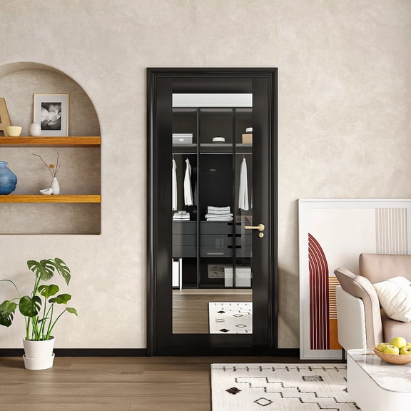 32"x80" 1-Side HD Dressing Mirror Interior Door Slab, Prefinished Laminate Black & Solid Core Soundproof for Bedroom, Closet, Walk-In Bathroom, Dressing Room Hinged w/o Hardware&Frame