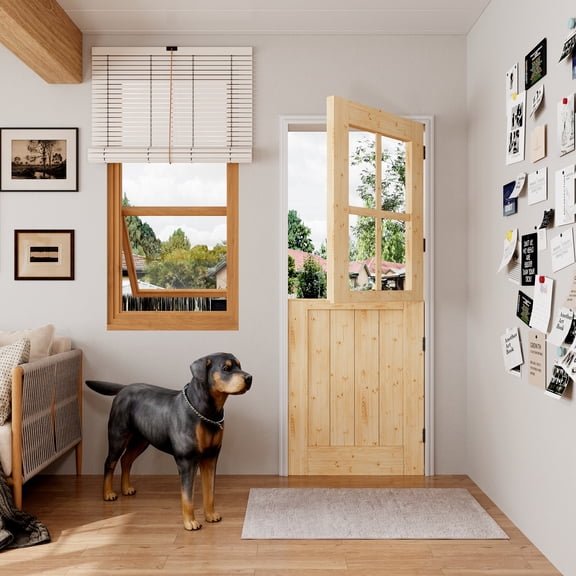 32''x80''Slab only, Unfinished Dutch Door, 4 Lite Half Clear Glass Split Single Door Slab With Natural Pine Wood Color