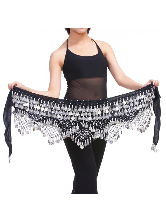 320 PCS Gold Silver Coins Three Straight Two Angle Waist Chain Belt Belly Dance Hip Scarf,Silver Coin,Black