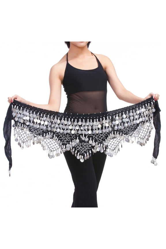 320 PCS Gold Silver Coins Three Straight Two Angle Waist Chain Belt Belly Dance Hip Scarf,Silver Coin,Black