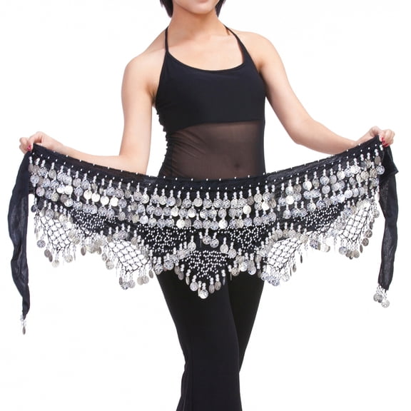 320 PCS Gold Silver Coins Three Straight Two Angle Waist Chain Belt Belly Dance Hip Scarf,Silver Coin,Black