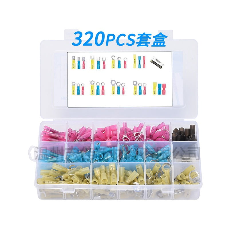 320 PCS Heat Shrink Wire Connectors Kit - 12-10 16-14 22-16 AWG - Tinned Red Copper - Ring Fork Spade Butt Splice Terminal (3Colors/100Size) - Marine Automotive Electrical Waterproof Insulated Crimp