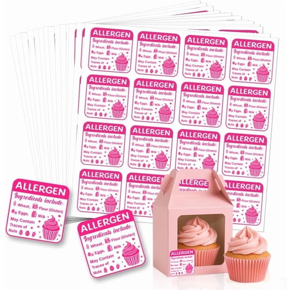 320 Pcs Allergen Warning Stickers Allergy Alert Labels Pink Allergen Labels Square Waterproof Label for Restaurant Kitchen Bakery Businesses