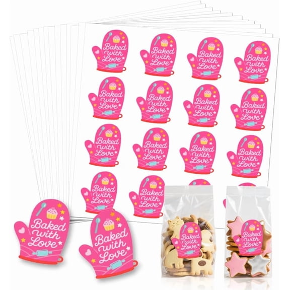 320 Pcs Baked with Love Stickers Homemade Bakery Stickers Made with Love Sticker Self-Adhesive Gloves Labels for Packaging Bags Containers Businesses Gifts 2 Inch