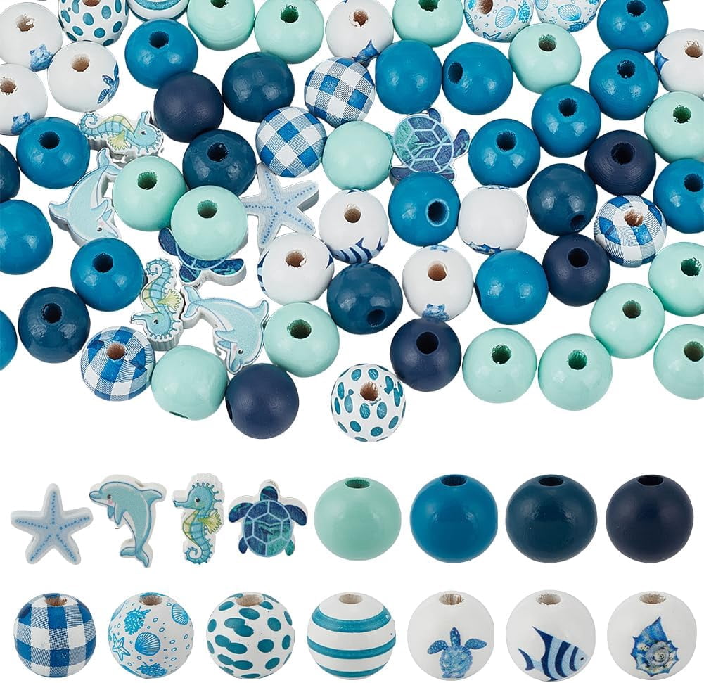320 Pcs Ocean Wooden Beads 14 Styles Blue Wood Beads Turtle Sea Horse Dolphin Starfish Round Wood Bead Summer Nautical European Bead
