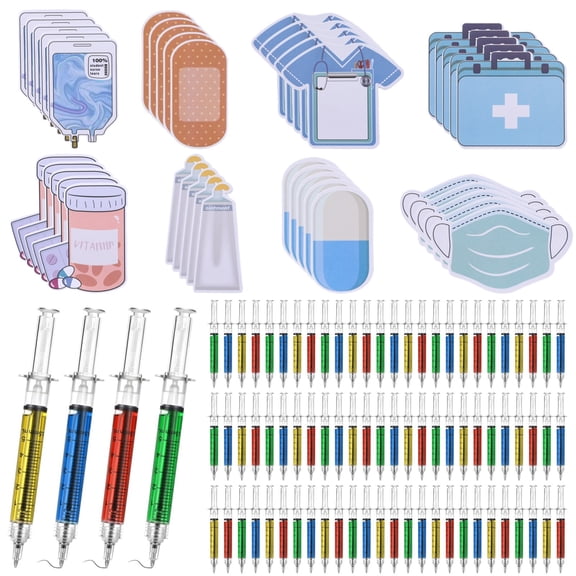 320 Pcs Syringe Pens Set, Including 80 Retractable Fun Nurse Pens & 240 Nurse Adhesive Notes, Novelty Ballpoint Pens, Pretend Party Favors