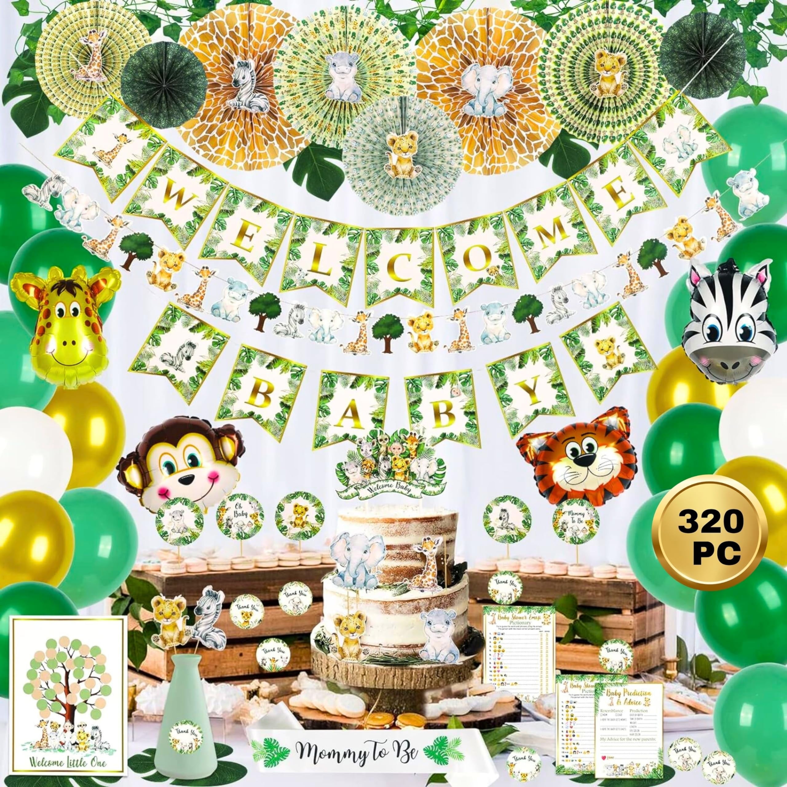 320 Piece Jungle Safari Baby Shower Decorations for Boy Or Girl Kit | Gender Neutral Animal Decor | Banners Garland Fans Guestbook Sash Balloons Cake Topper Games Stickers Creature Cutouts Ivy Vines