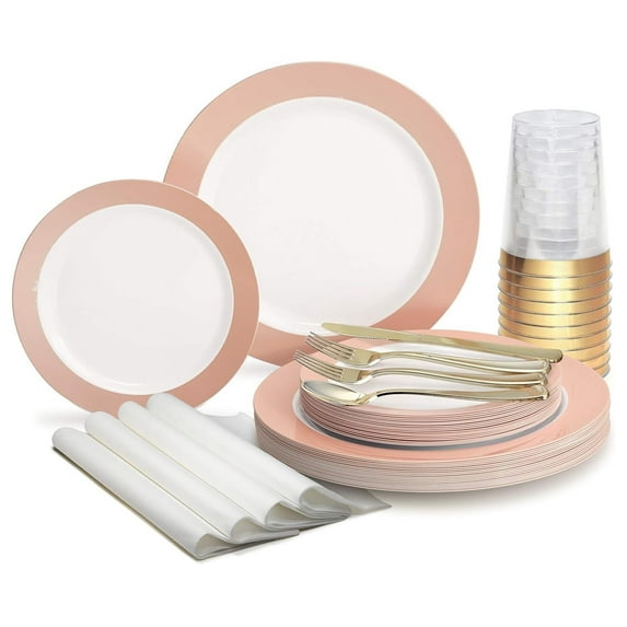 320 Piece set (40 Guests)-Wedding Party Disposable Plastic Plate Set -40 x 10.5'' + 40 x 7.5'' +Silverware+Cups+Napkins (Rio in White & Pearled Pink)