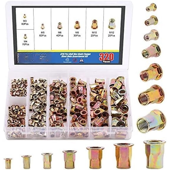 320 count M3 M4 M5 M6 M8 M10 M12 Half Hex Flange Rivet Nuts Kit, Zinc Plated Carbon Steel Flat Threaded Insert Nut Rivnut Set (Rivet Nut Set)