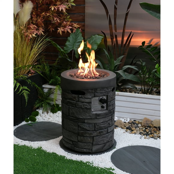 32000 BTU, CSA certified 20 inch diameter round outdoor gas fire pit, containing 2.5 kg lava stone and rain cover, magnesia cultured stone surface finish, more suitable for outdoor gardens