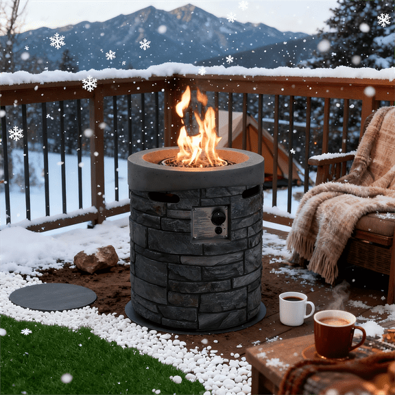 19.7" Gas Fire Pit with Magnesium Oxide Cultured Stone Finish,Contain Rainproof Cover and Lava Rocks, 32000 BTU / Gray